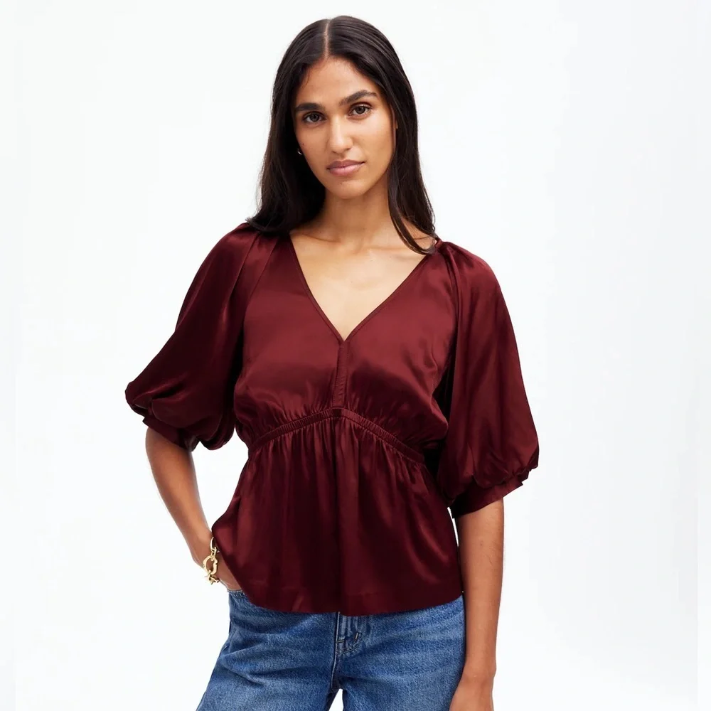 NWT Madewell Shirred Puff-Sleeve Top in Satin
